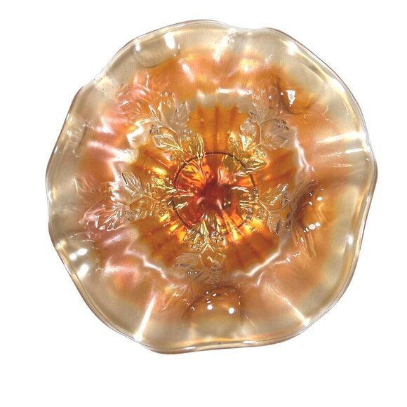 Footed Marigold Carnival Glass Footed Compote Holly & Berry 4" tall 4.75" wide - Picture 5 of 10